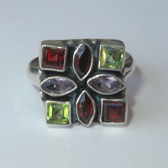 Natural Garnets Amethysts Peridots In Sterling Silver Mosaic Ring. Size 8.25 - Picture 5 of 17